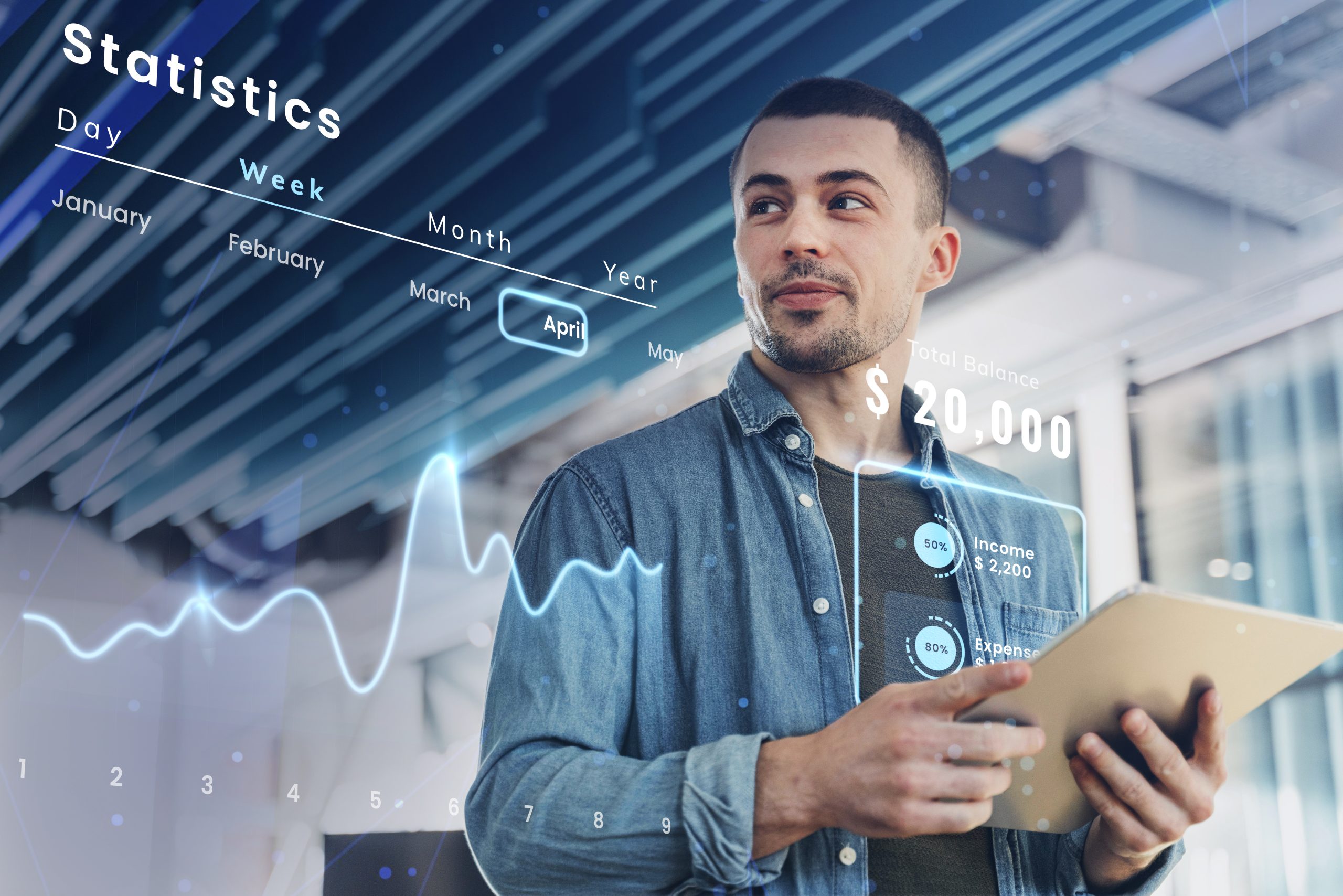Man holding a tablet while analyzing financial statistics with futuristic digital graphs and data overlays, showing income, expenses, and total balance.
