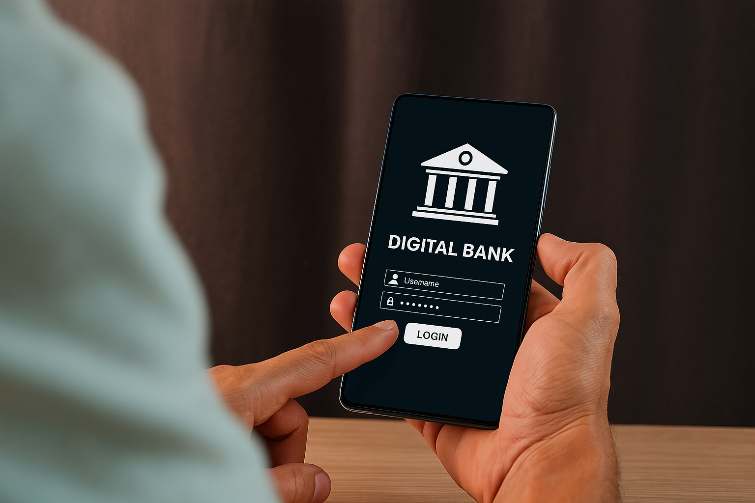 A person holding a smartphone with a digital banking app open on the screen. The app interface displays a bank icon, the words 'DIGITAL BANK', and login fields for username and password, along with a prominent login button. The user’s finger is about to tap the button, indicating an attempt to access their account.