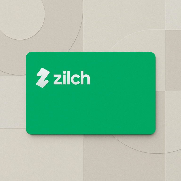 Zilch Classic virtual card in vibrant green centered on a neutral geometric background, highlighting its minimalist design and white lightning bolt logo for modern digital finance.