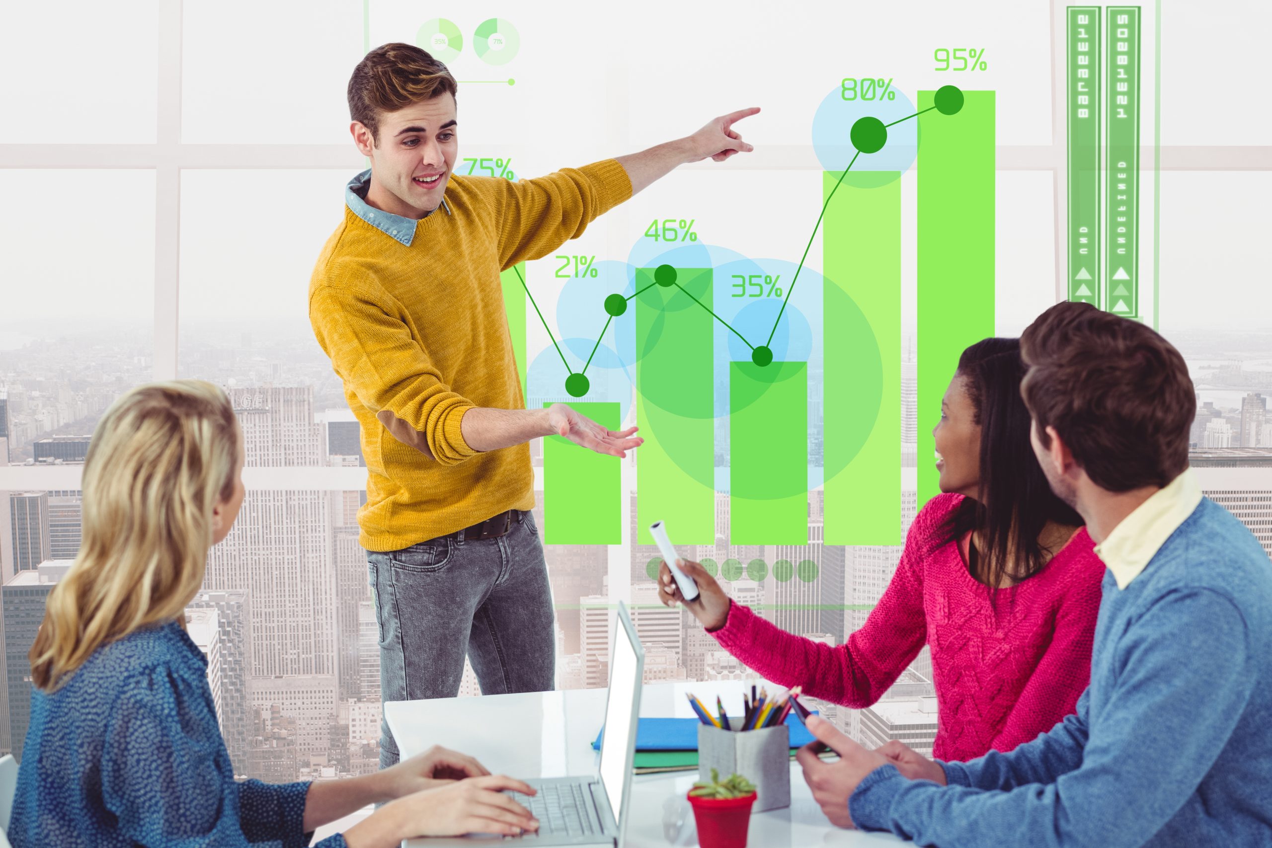 Young professionals in a modern office discussing data visualizations with green charts and graphs, symbolizing the tech-savvy mindset of the new generation of investors.