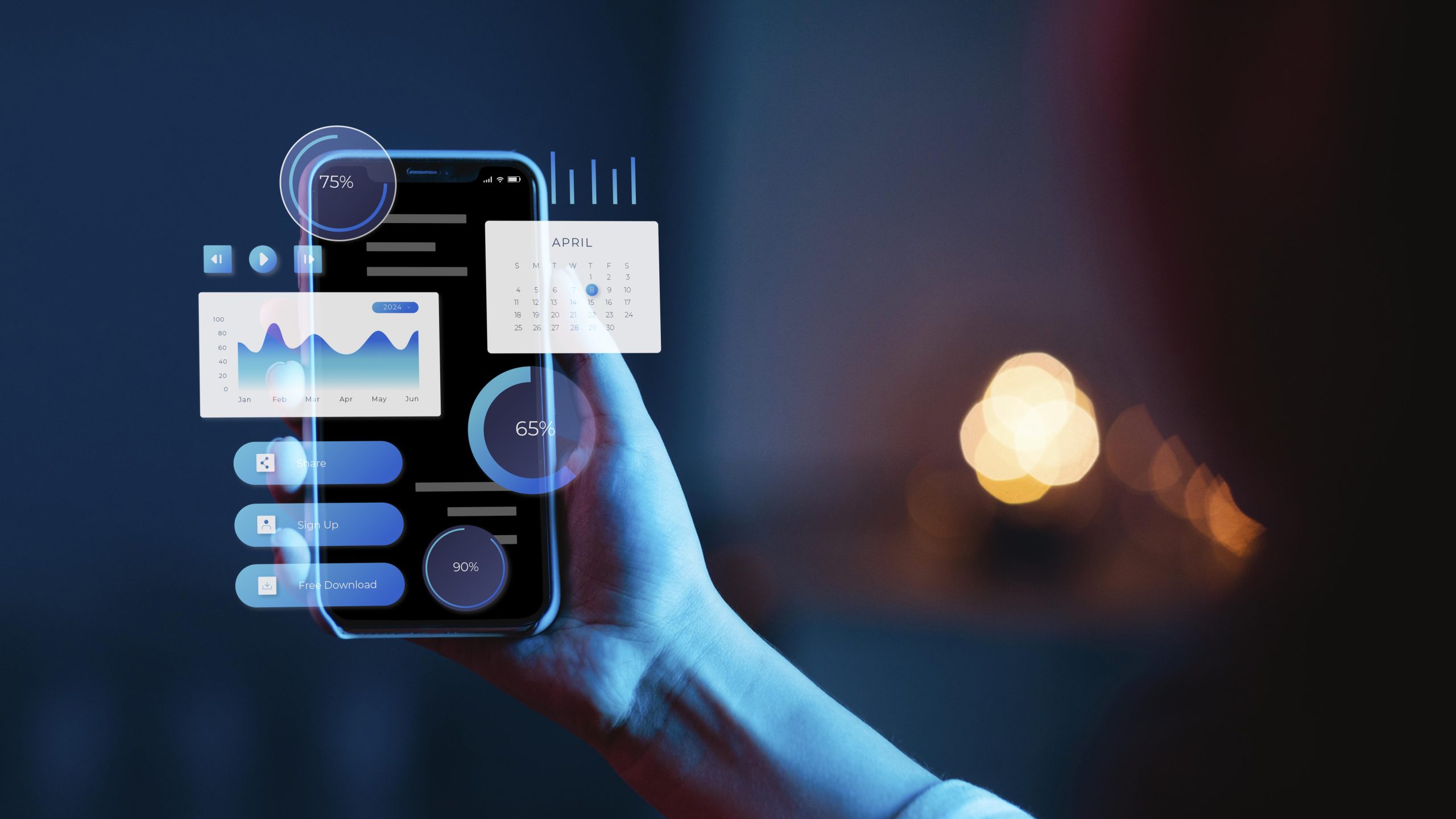 A person holding a smartphone that displays various interactive digital data, including graphs, a calendar, and progress indicators. The visual representation of performance metrics, percentages, and controls on the phone's screen highlights the seamless integration of technology in the digital economy. The image reflects the role of data-driven decision-making and digital tools in modern business and finance.