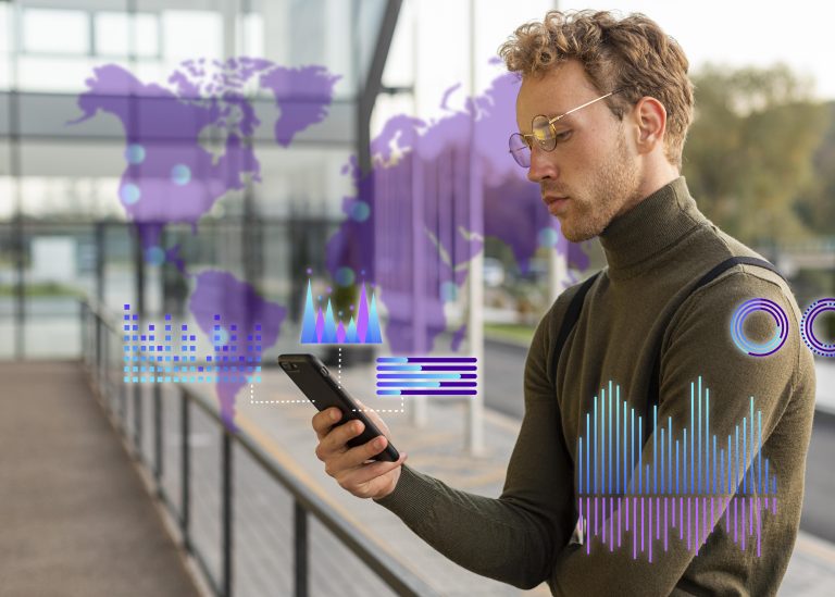 A young man wearing glasses and a green turtleneck uses his smartphone outdoors, with digital data visualizations and a world map overlayed, symbolizing the integration of emerging technologies in global financial analysis.