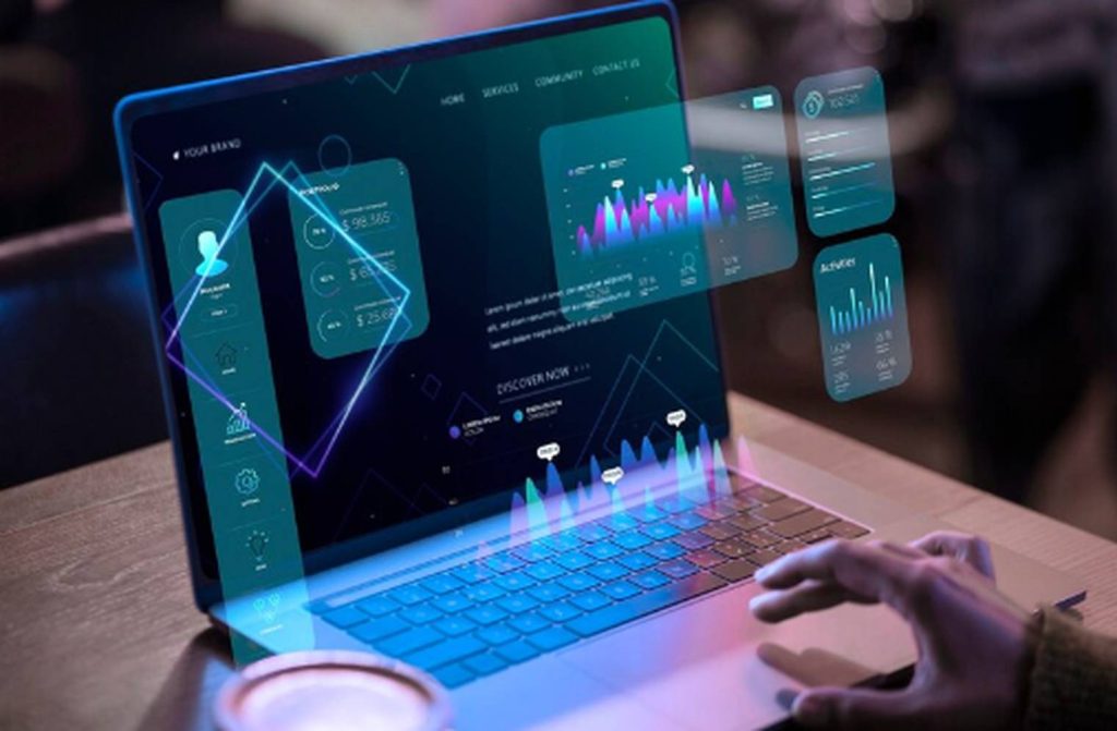 Person using a laptop displaying futuristic financial dashboards with glowing charts, analytics, and data visualizations, representing how Artificial Intelligence enhances portfolio management and financial decision-making.