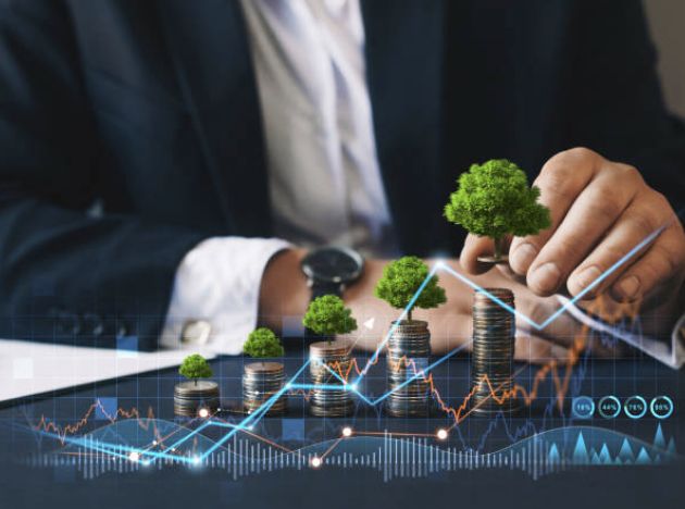 Businessman analyzing financial growth charts with stacks of coins sprouting trees, symbolizing sustainable finance and the rise of green investments in the U.S. market.