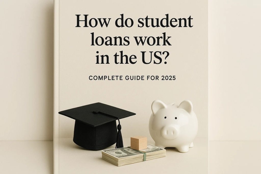 Cover of an educational guide with a beige background, featuring the title in bold black letters: “How do student loans work in the US? Complete guide for 2025.” At the bottom, there is a black graduation cap placed on a stack of cash, a small wooden block, and a white piggy bank, symbolizing student loans and savings.
