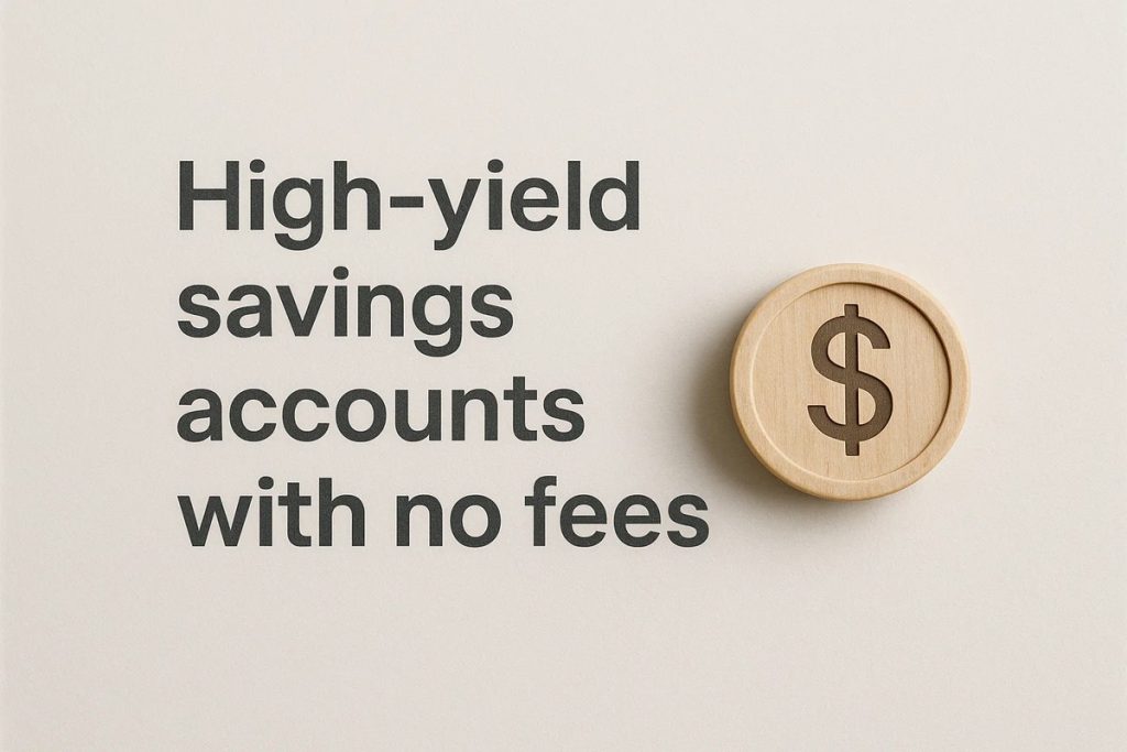 Text “High-yield savings accounts with no fees” next to a wooden coin with a dollar sign.