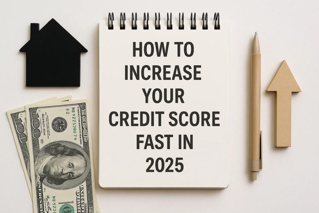 Notebook with the text “HOW TO INCREASE YOUR CREDIT SCORE FAST IN 2025” on a light-colored table. On the left, there are $100 bills and a small black house shape; on the right, a beige pen and a brown arrow pointing upward.
