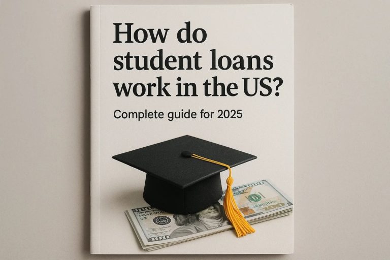 Cover of an educational guide with a light gray background, displaying the title in bold black letters: “How do student loans work in the US? Complete guide for 2025.” Below, a black graduation cap with a golden tassel rests on a pile of $100 bills, representing the cost and financing of higher education in the United States.