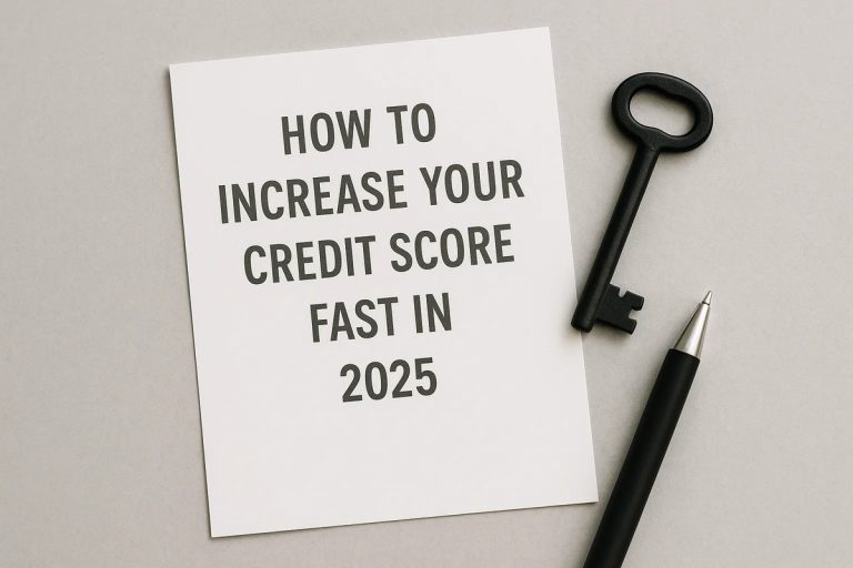 White sheet of paper on a gray surface with the text in uppercase: “HOW TO INCREASE YOUR CREDIT SCORE FAST IN 2025.” On the right side, there is a black key and a black pen with a silver tip.