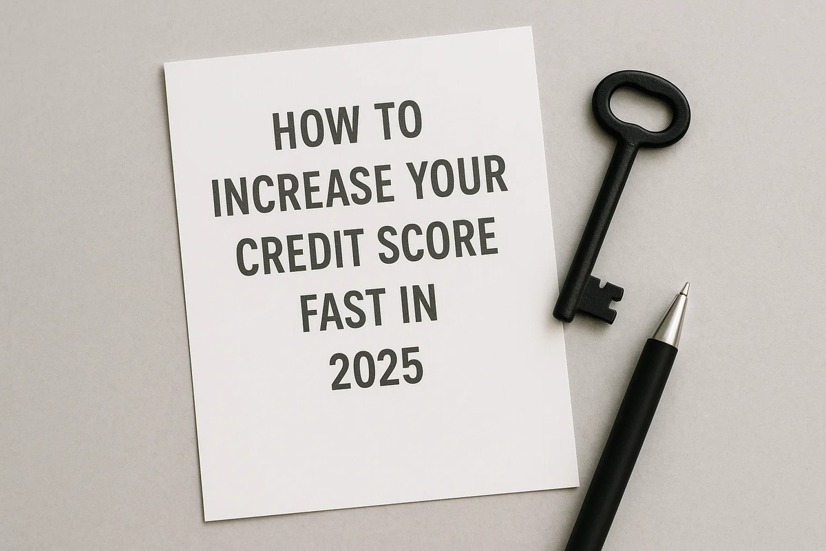White sheet of paper on a gray surface with the text in uppercase: “HOW TO INCREASE YOUR CREDIT SCORE FAST IN 2025.” On the right side, there is a black key and a black pen with a silver tip.