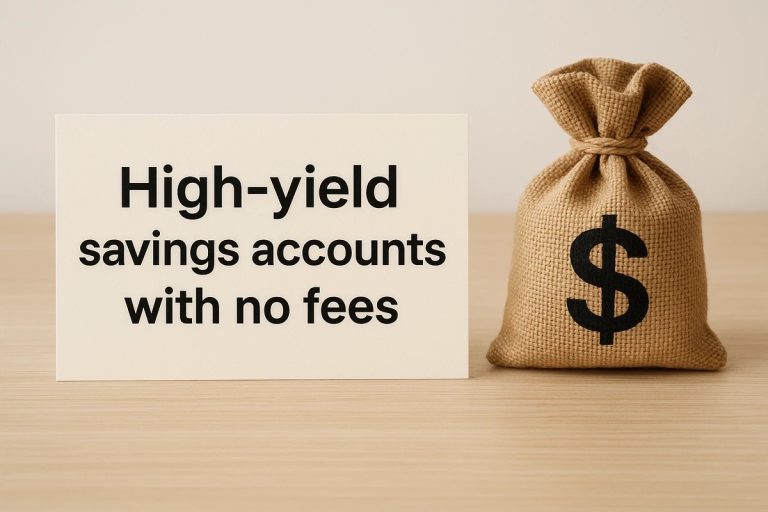 Text “High-yield savings accounts with no fees” next to a burlap money bag with a dollar sign.