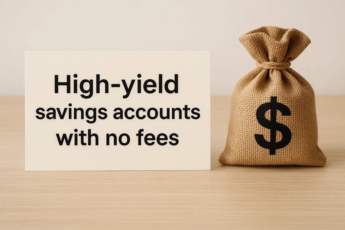 Text “High-yield savings accounts with no fees” next to a burlap money bag with a dollar sign.