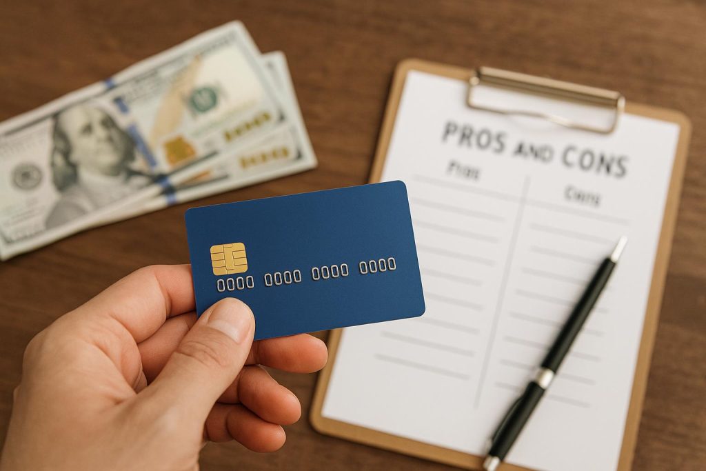 realistic photo showing a person holding a credit card next to a pros and cons list, illustrating is it worth financing with a credit card