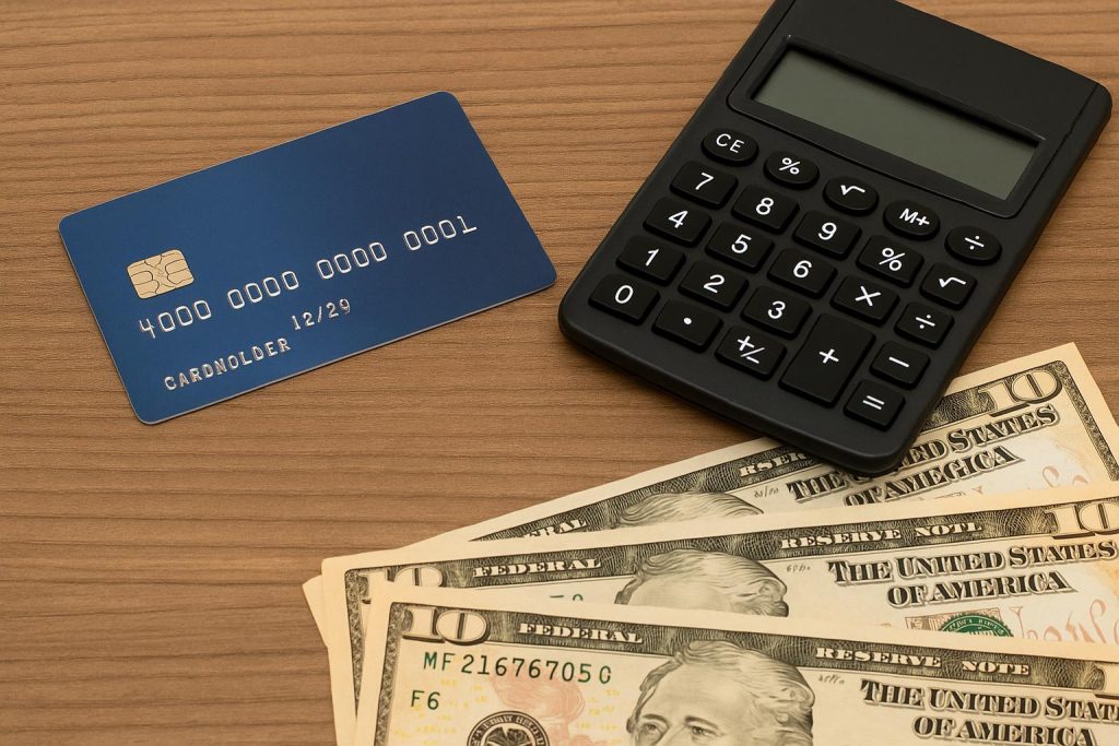 close-up of a credit card, calculator, and US dollar bills on a wooden table, representing is it worth financing with a credit card