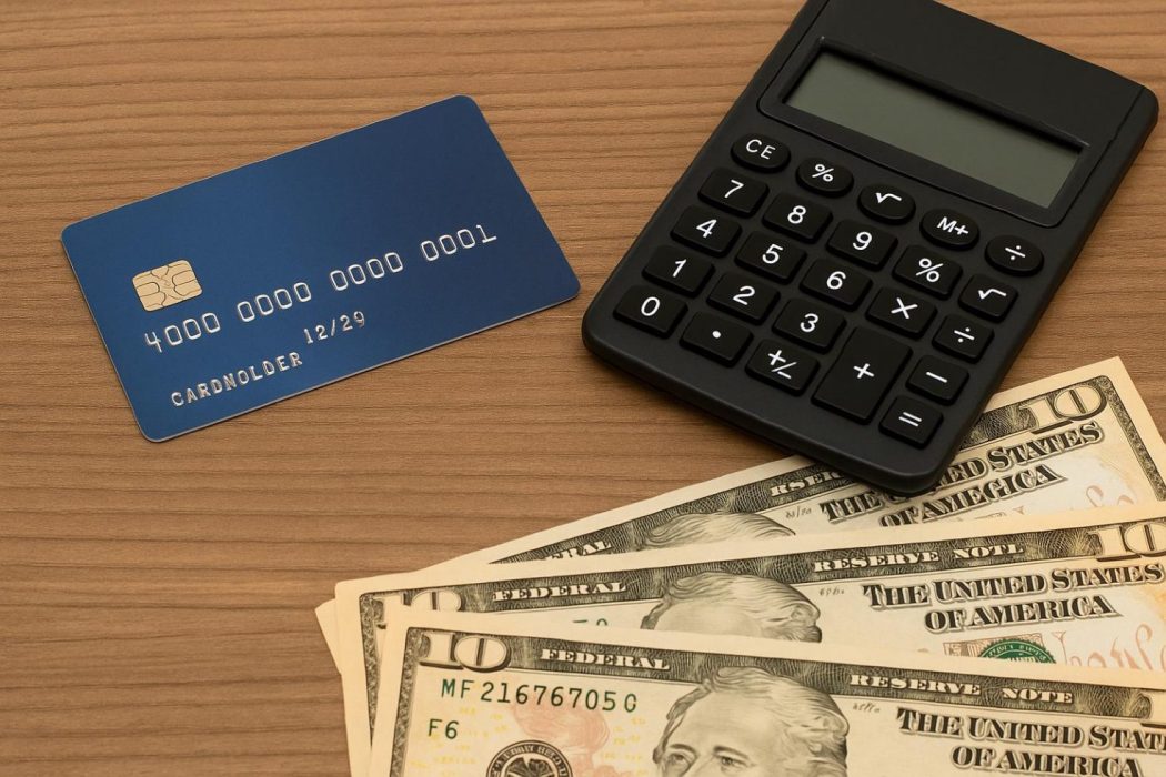 close-up of a credit card, calculator, and US dollar bills on a wooden table, representing is it worth financing with a credit card