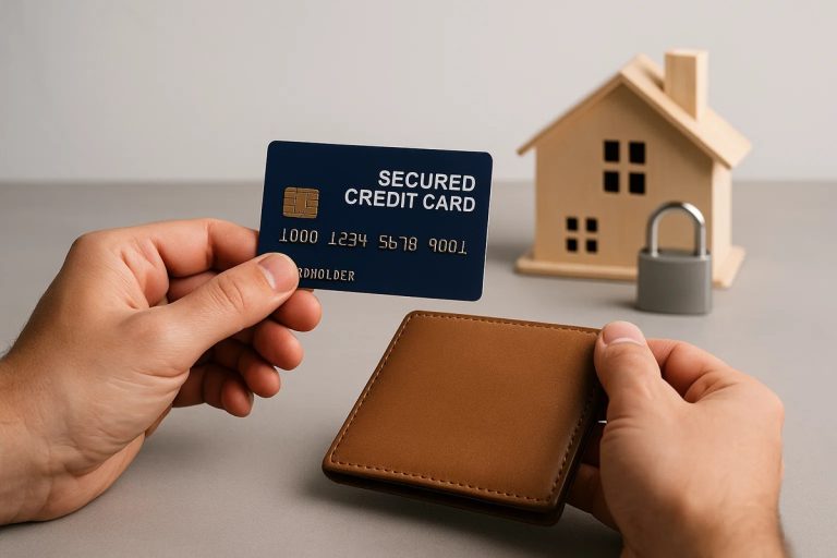 Hands holding a brown wallet and a blue secured credit card on a light-colored surface, with a small wooden house and a padlock in the background, illustrating financial security and the concept of best secured credit cards for bad credit.