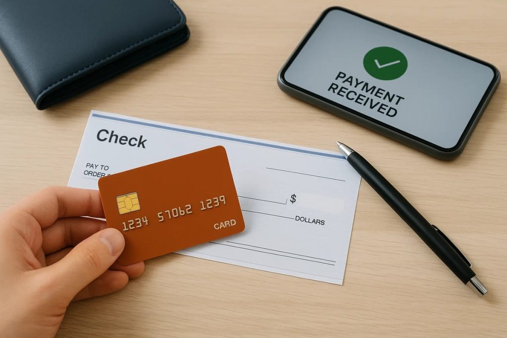 Close-up of a hand holding a brown debit card beside a check, pen, wallet, and phone screen showing “Payment received,” symbolizing a checking account with early direct deposit and fast paycheck access