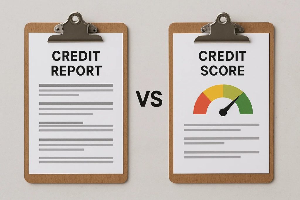 A pair of wooden clipboards placed side by side, one holding a document titled “Credit Report” with lines representing written information, and the other holding a document titled “Credit Score” featuring a color gauge ranging from red to green with a needle pointing to the high score zone, visually illustrating the credit report vs credit score difference.