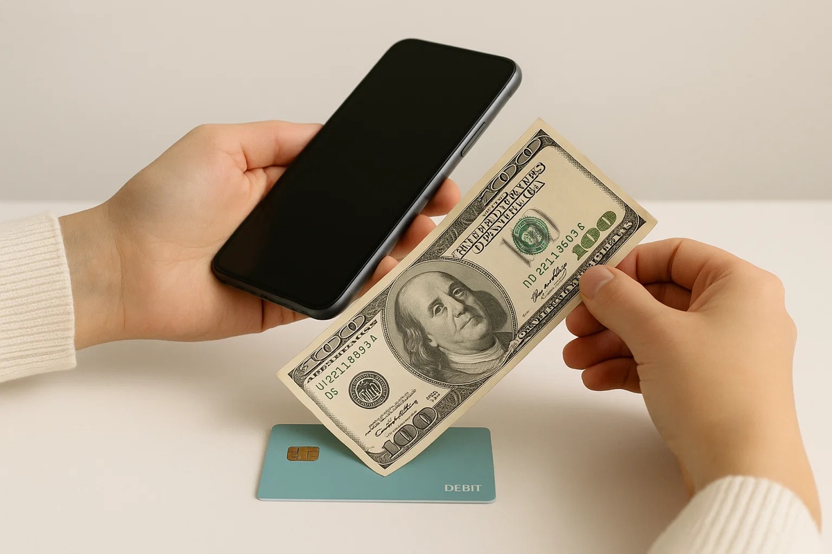 Person holding a smartphone and a hundred-dollar bill next to a debit card on a white surface, illustrating a checking account with early direct deposit and the ease of managing money digitally.