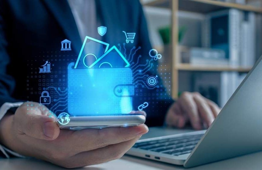 A person uses a smartphone displaying a glowing digital wallet surrounded by finance icons, representing innovation, security, and convenience in the best online banks for beginners.