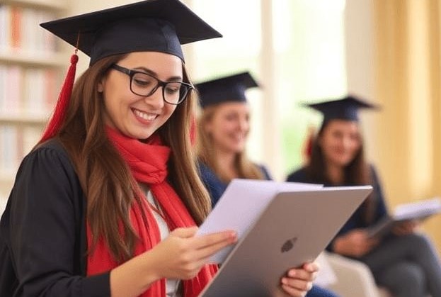 A smiling graduate in a cap and gown holds a laptop during a ceremony, symbolizing new beginnings and financial independence supported by the best online banks for beginners.