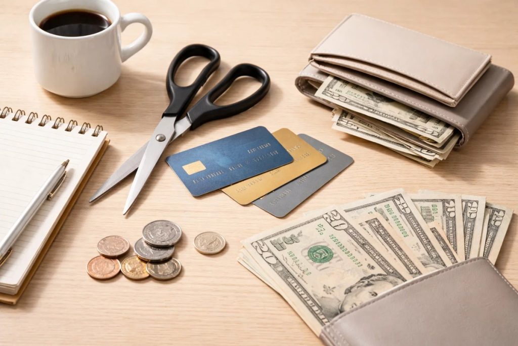 Desk scene with credit cards, cash, wallet and scissors symbolizing how to avoid credit card debt through budgeting, expense control and conscious financial decisions.