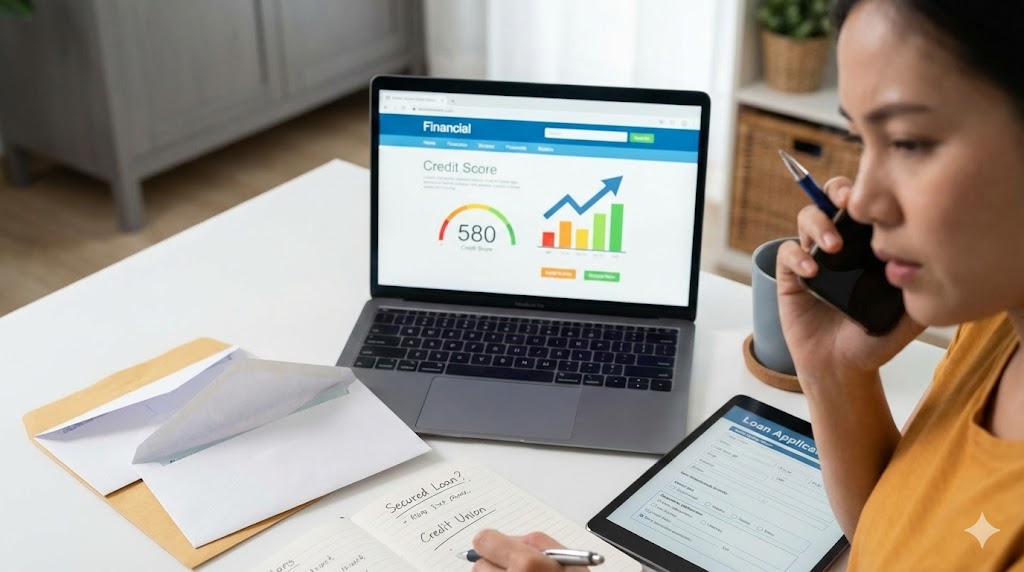 Woman reviewing credit score on laptop while filling out a loan application, illustrating how to get a personal loan with bad credit and manage finances when credit history is limited.