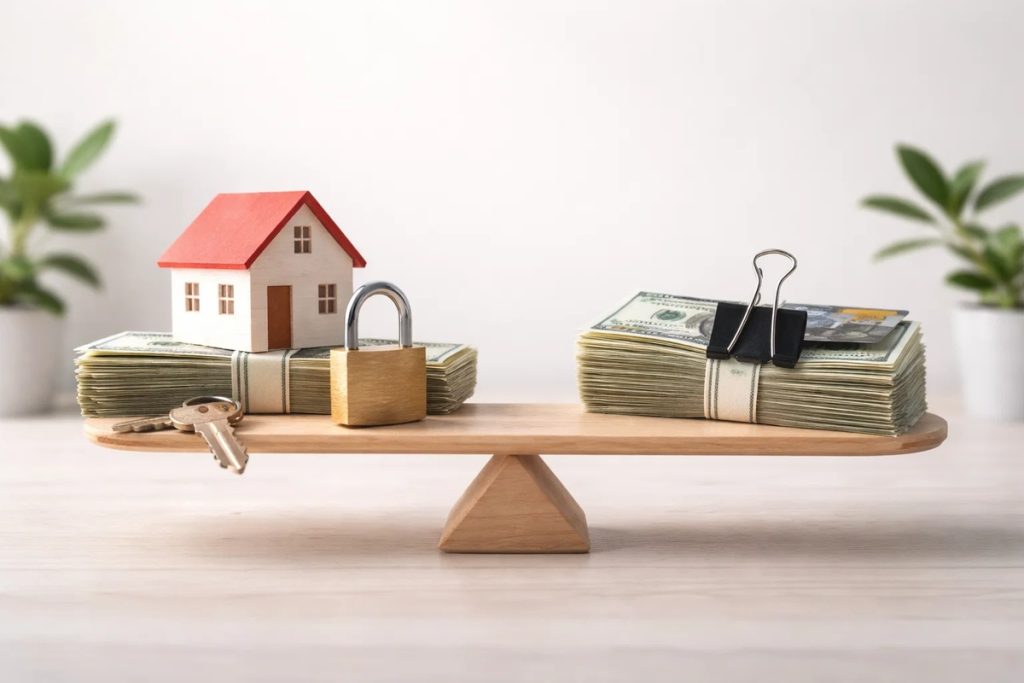 Wooden balance scale holding a small house model with a padlock and keys on a stack of cash, visually representing secured vs unsecured personal loans through the contrast between collateral backed credit and unsecured personal financing