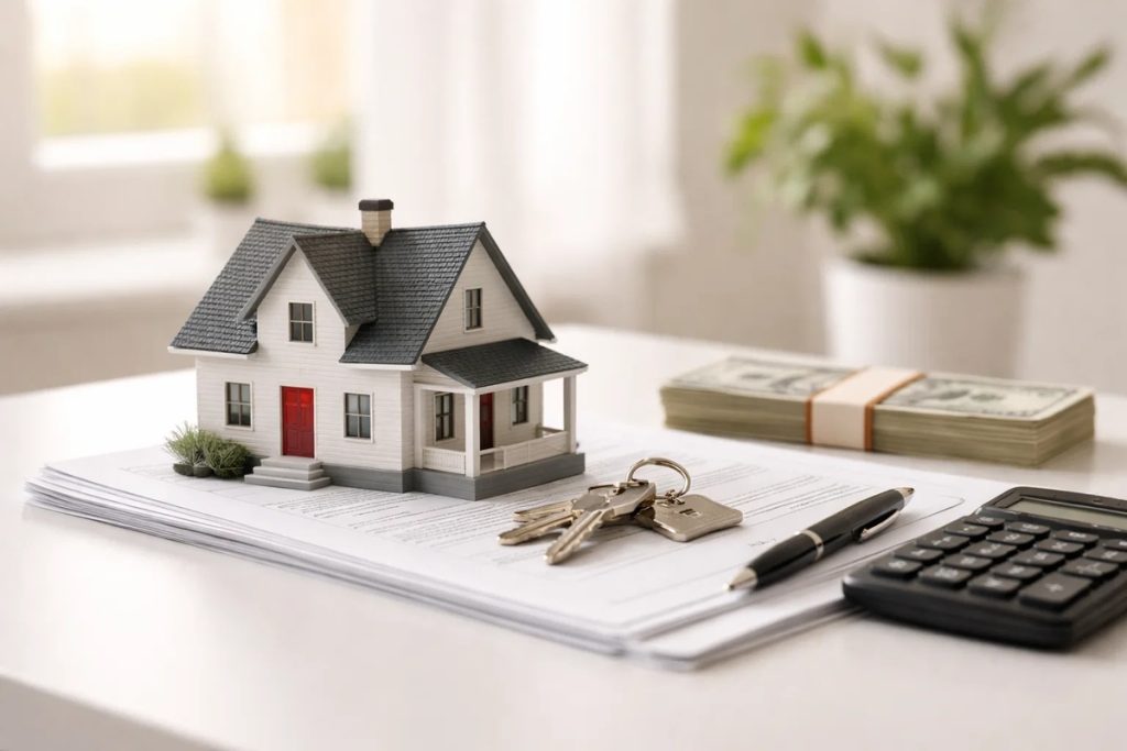 Scale model of a white residential house with a red front door placed on top of financial documents, alongside house keys, a calculator, and stacked cash on a desk, visually representing the concept of what is a home equity loan and home equity based financing