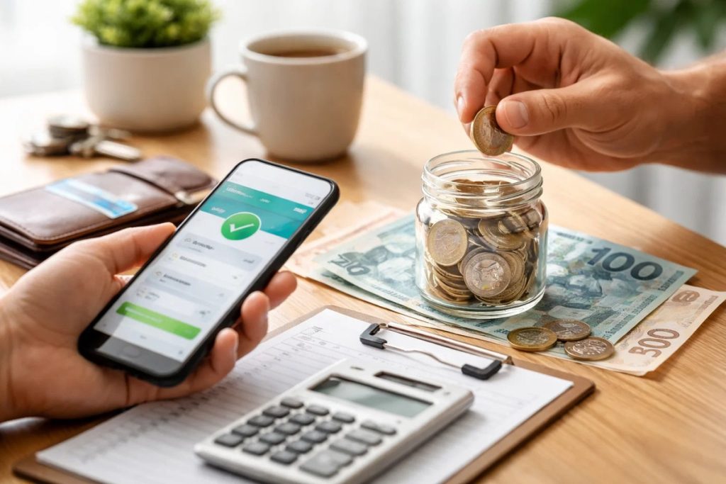 Person placing coins into a glass savings jar next to Brazilian real banknotes, calculator, and smartphone displaying a banking app, illustrating how to avoid bank overdraft fees through budgeting and digital account monitoring