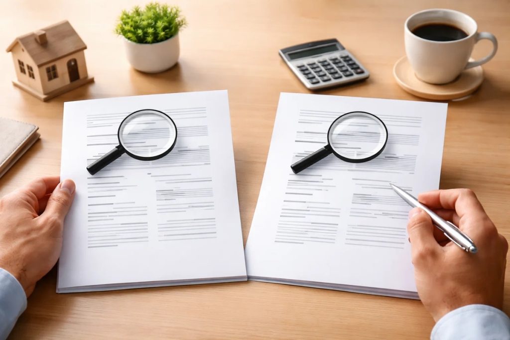 Side by side financial documents on a wooden desk, with magnifying glasses highlighting text and hands reviewing information, illustrating how to compare loan offers in a clear and visual way