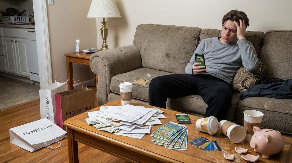 Man sitting on couch surrounded by bills and credit cards, illustrating money habits that keep you broke