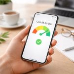 Hand holding a smartphone displaying a credit score indicator on the screen, in a minimalist setting with a notebook, coffee, and a plant in the background, representing safe personal credit monitoring.